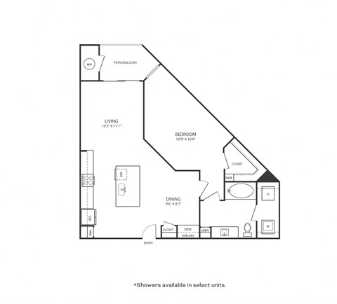 Floor plan for 1 bed, 1 bath, 817 sqft